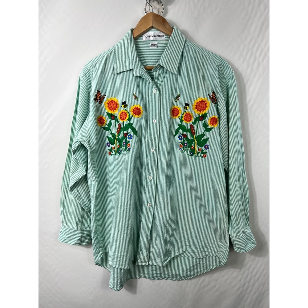 Casey Coleman VTG Sz. P Embroidered Button Up Shirt Long Sleeve Sunflowers Green